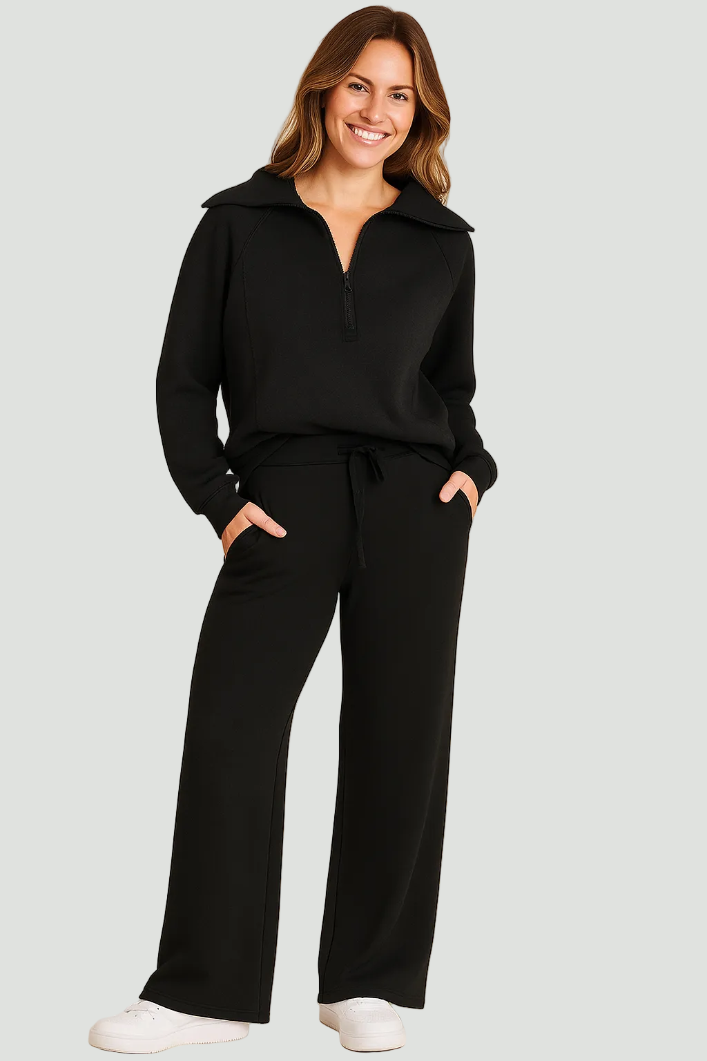 Women’s Two-Piece Lounge Set – Half Zip Jumper & Wide-Leg Trousers