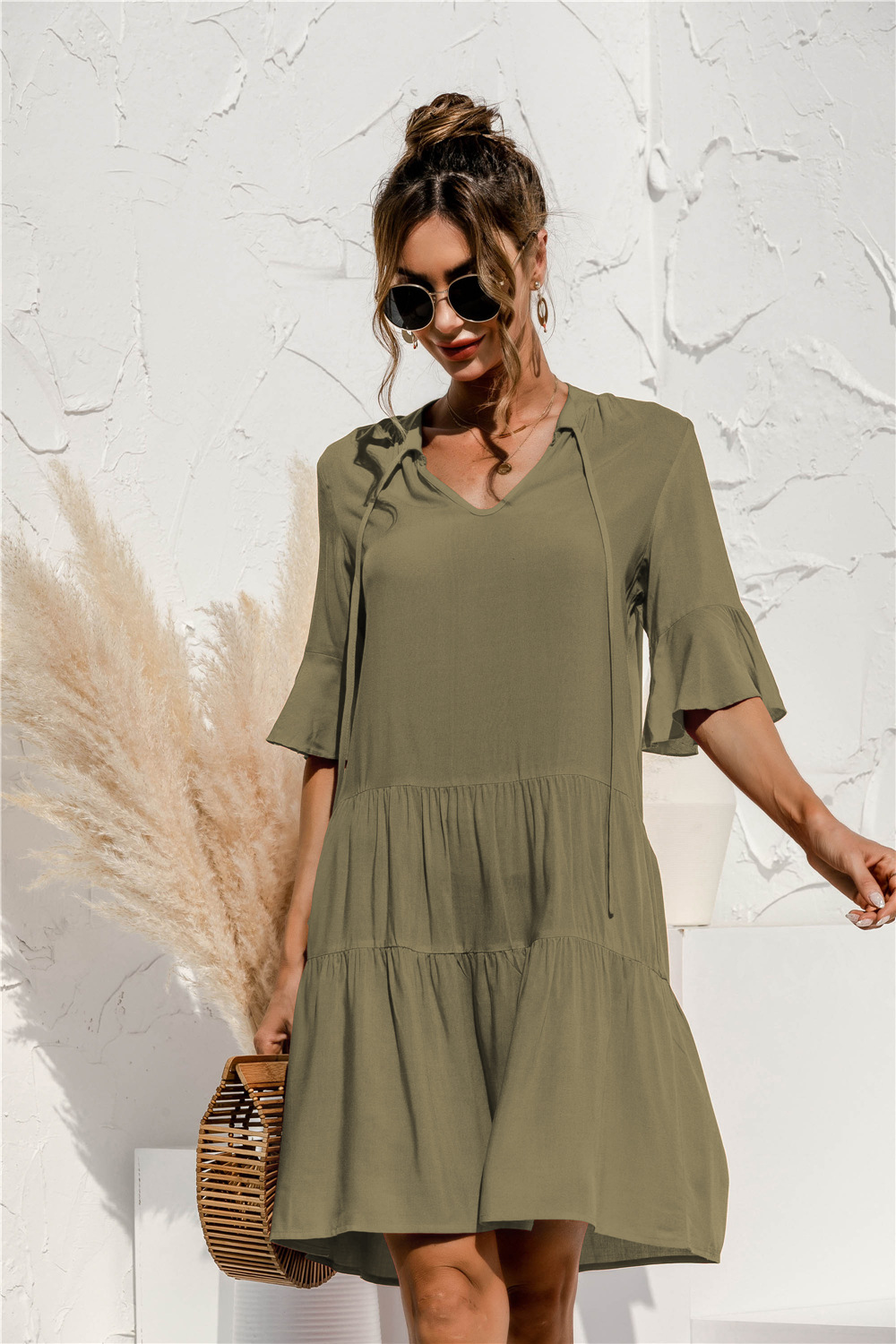 Women’s Tiered Mini Summer Dress – 3/4 Sleeve Loose Fit