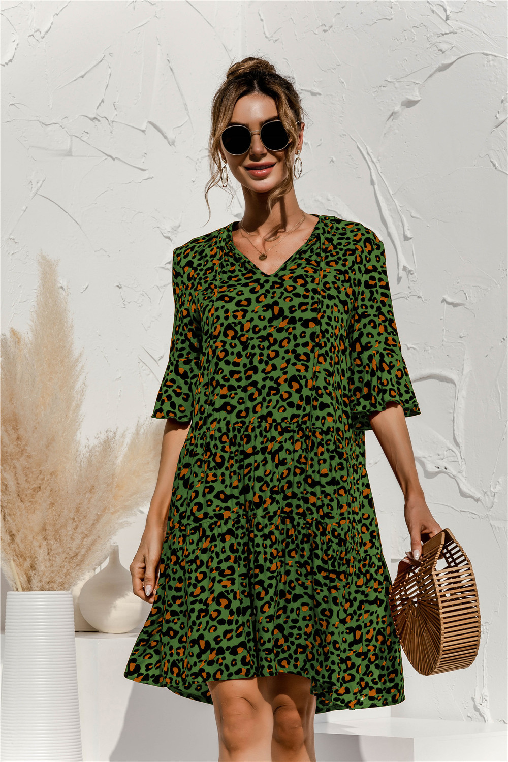 Women’s Tiered Mini Summer Dress – 3/4 Sleeve Loose Fit