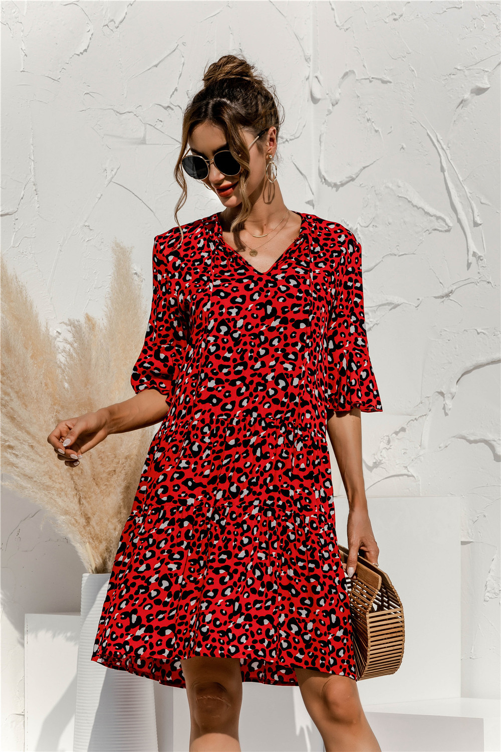 Women’s Tiered Mini Summer Dress – 3/4 Sleeve Loose Fit