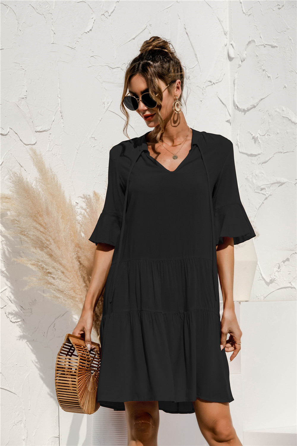 Women’s Tiered Mini Summer Dress – 3/4 Sleeve Loose Fit