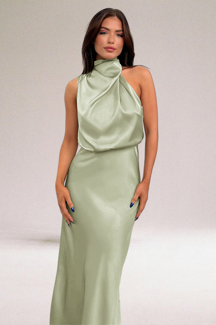 Women’s Cowl Neck Midi Summer Dress – Sleeveless Draped Fit