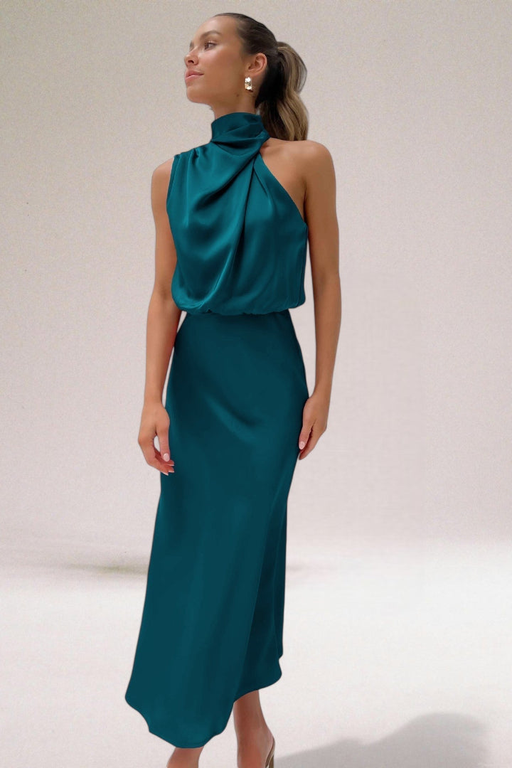 Women’s Cowl Neck Midi Summer Dress – Sleeveless Draped Fit