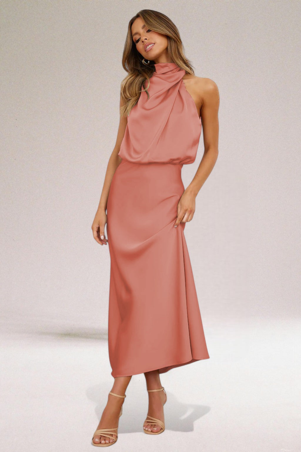 Women’s Cowl Neck Midi Summer Dress – Sleeveless Draped Fit