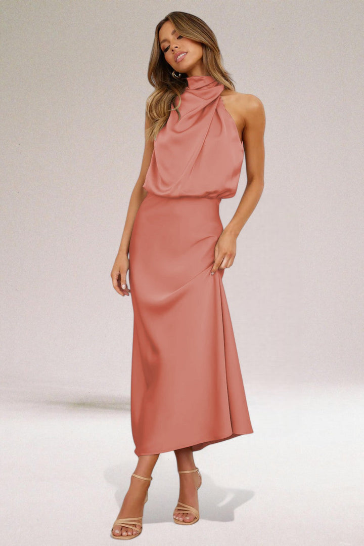 Women’s Cowl Neck Midi Summer Dress – Sleeveless Draped Fit