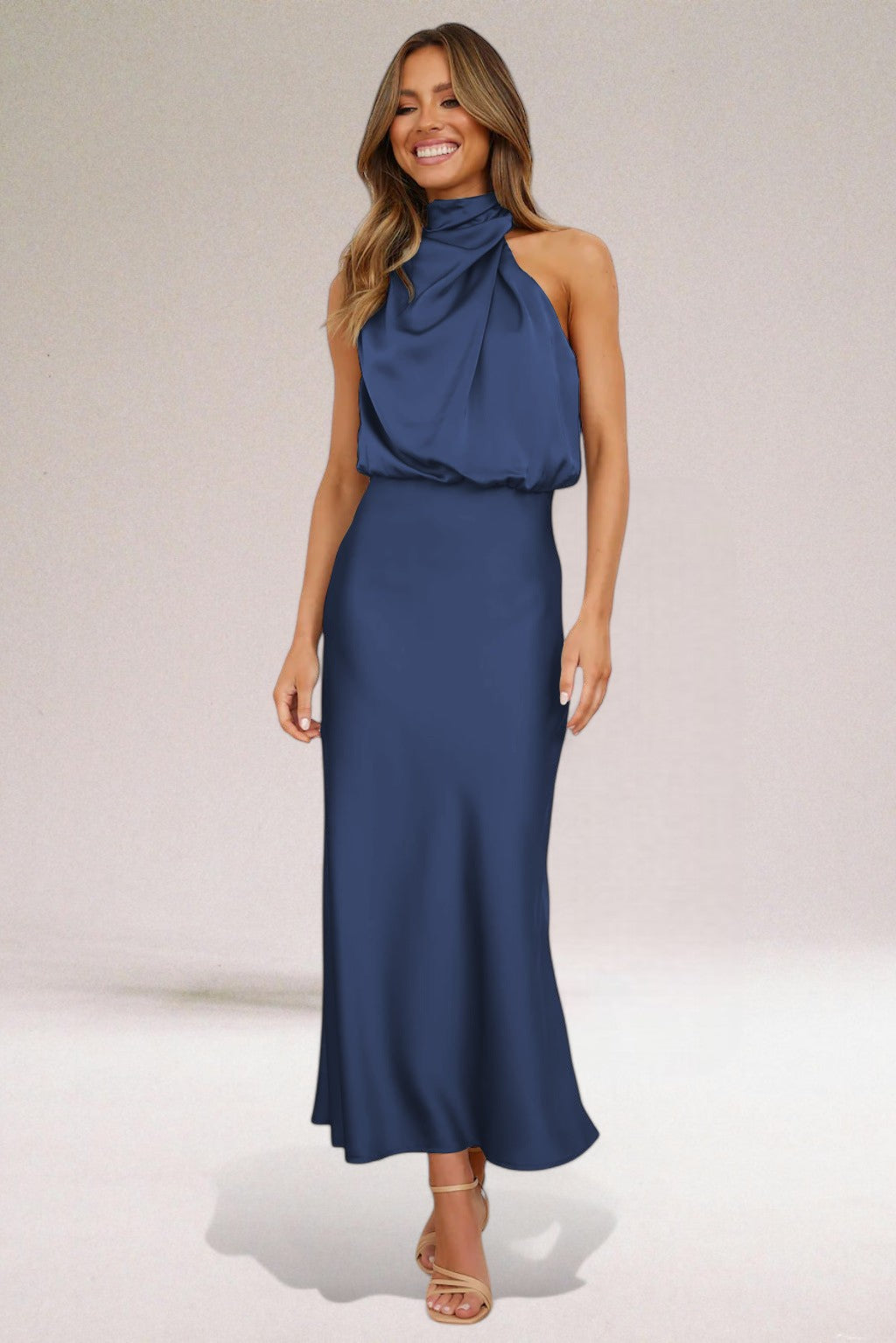 Women’s Cowl Neck Midi Summer Dress – Sleeveless Draped Fit