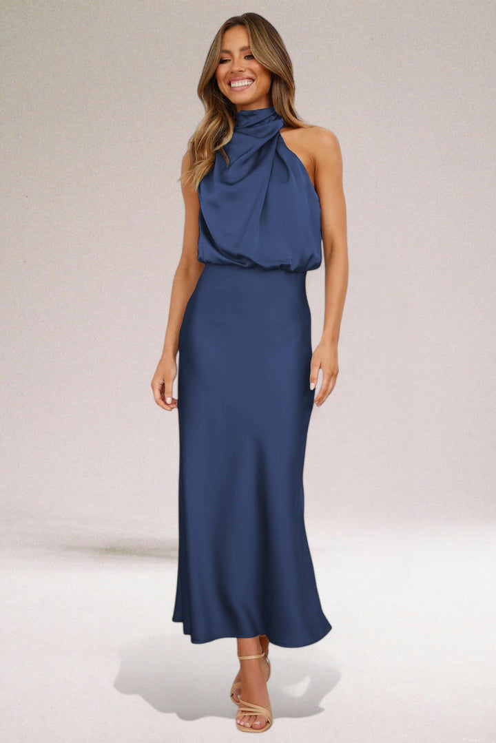 Women’s Cowl Neck Midi Summer Dress – Sleeveless Draped Fit