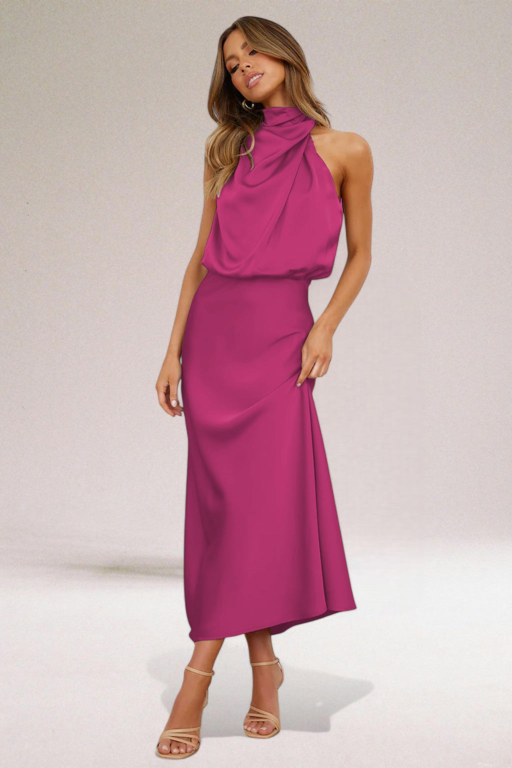 Women’s Cowl Neck Midi Summer Dress – Sleeveless Draped Fit