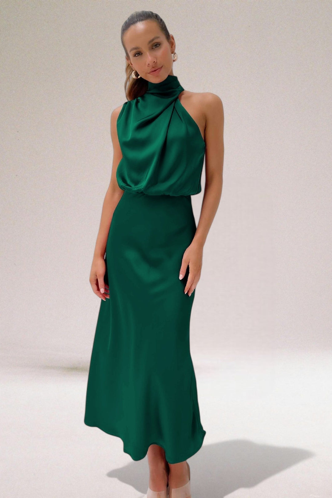 Women’s Cowl Neck Midi Summer Dress – Sleeveless Draped Fit