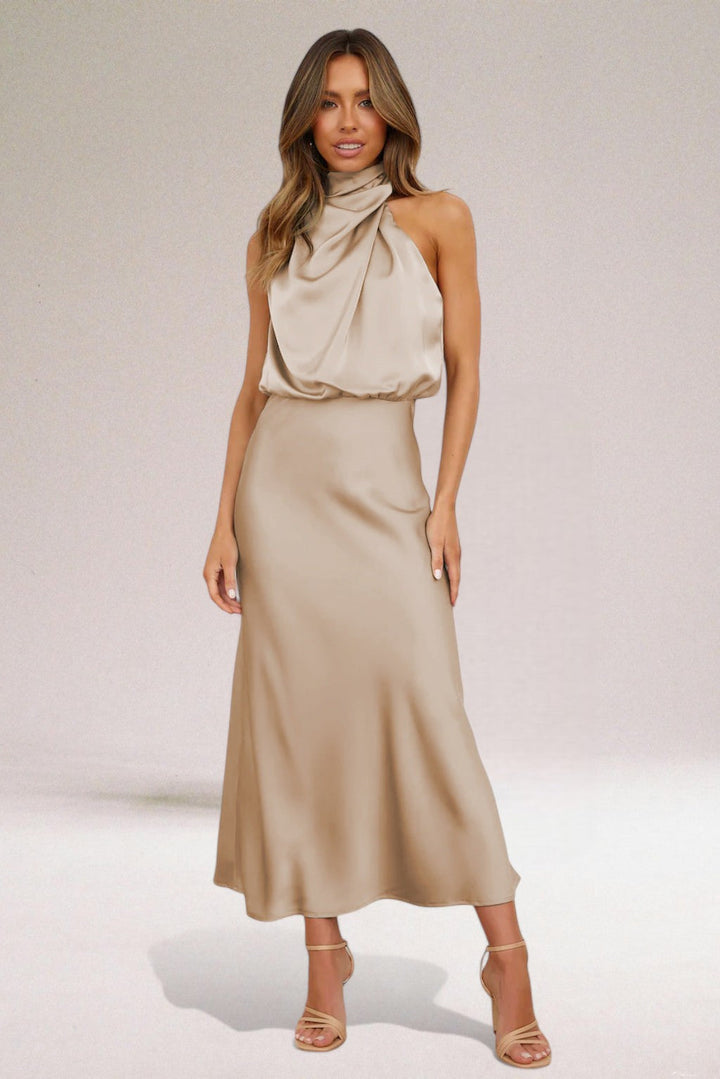 Women’s Cowl Neck Midi Summer Dress – Sleeveless Draped Fit
