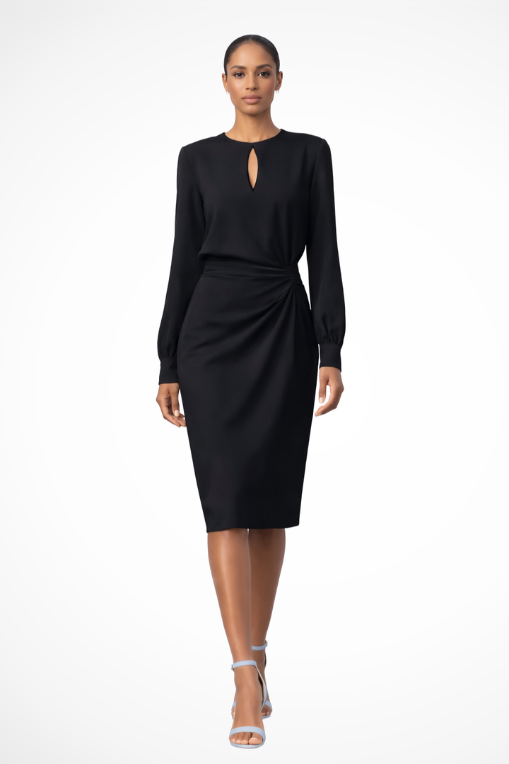 Women’s Long Sleeve Midi Summer Dress – Keyhole Neck & Ruched Waist