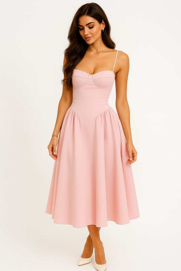 Women’s Spaghetti Strap Midi Summer Dress – Pleated Corset-Style Fit