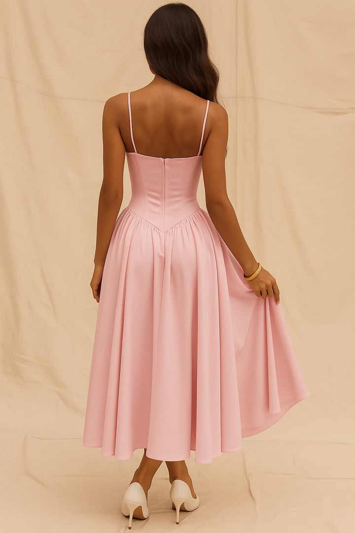 Women’s Spaghetti Strap Midi Summer Dress – Pleated Corset-Style Fit