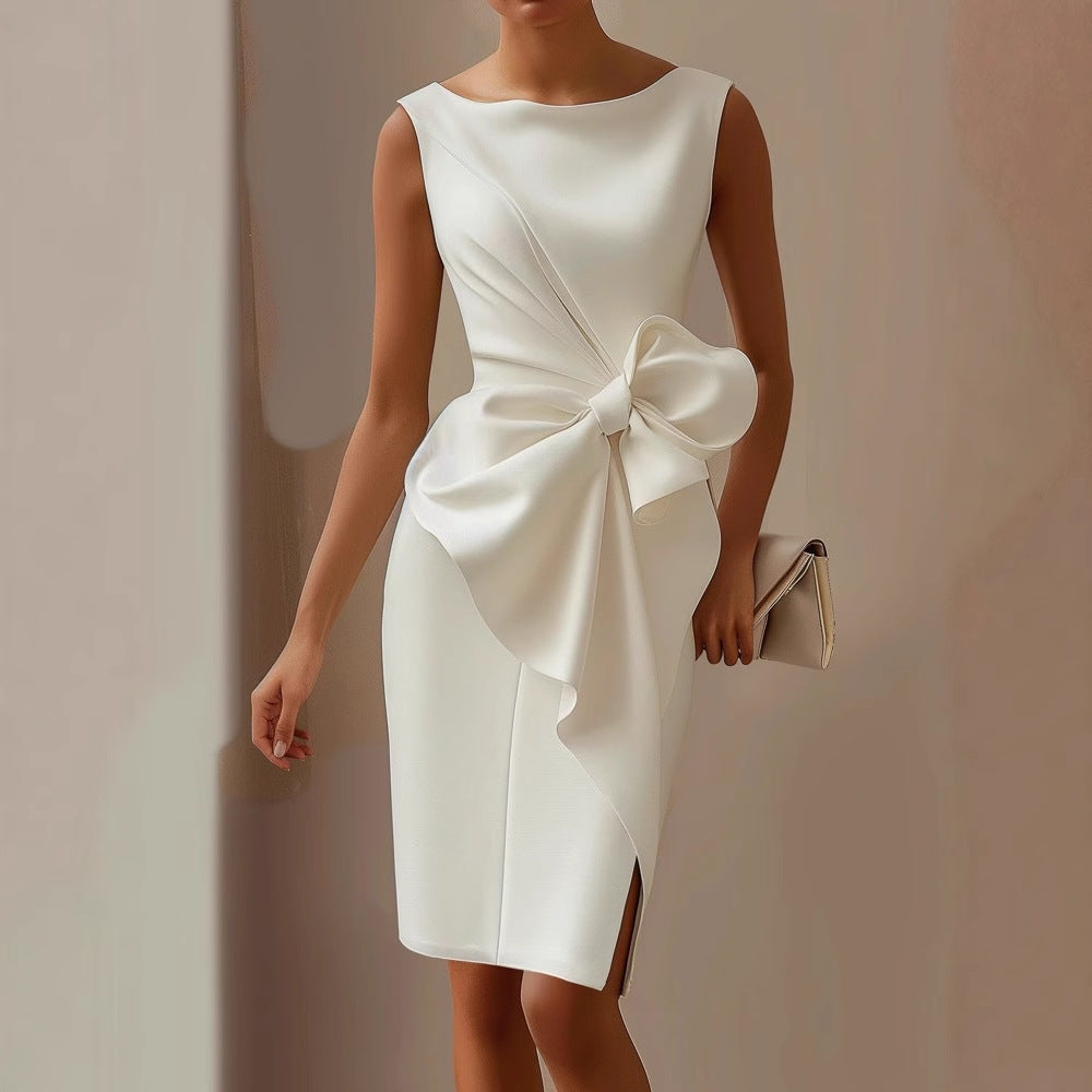 Women’s Sleeveless Midi Summer Dress – Boat Neck with Side Bow