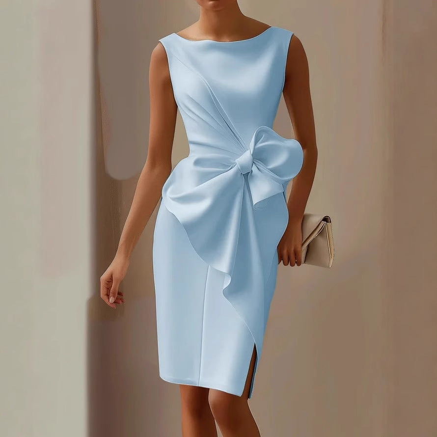 Women’s Sleeveless Midi Summer Dress – Boat Neck with Side Bow