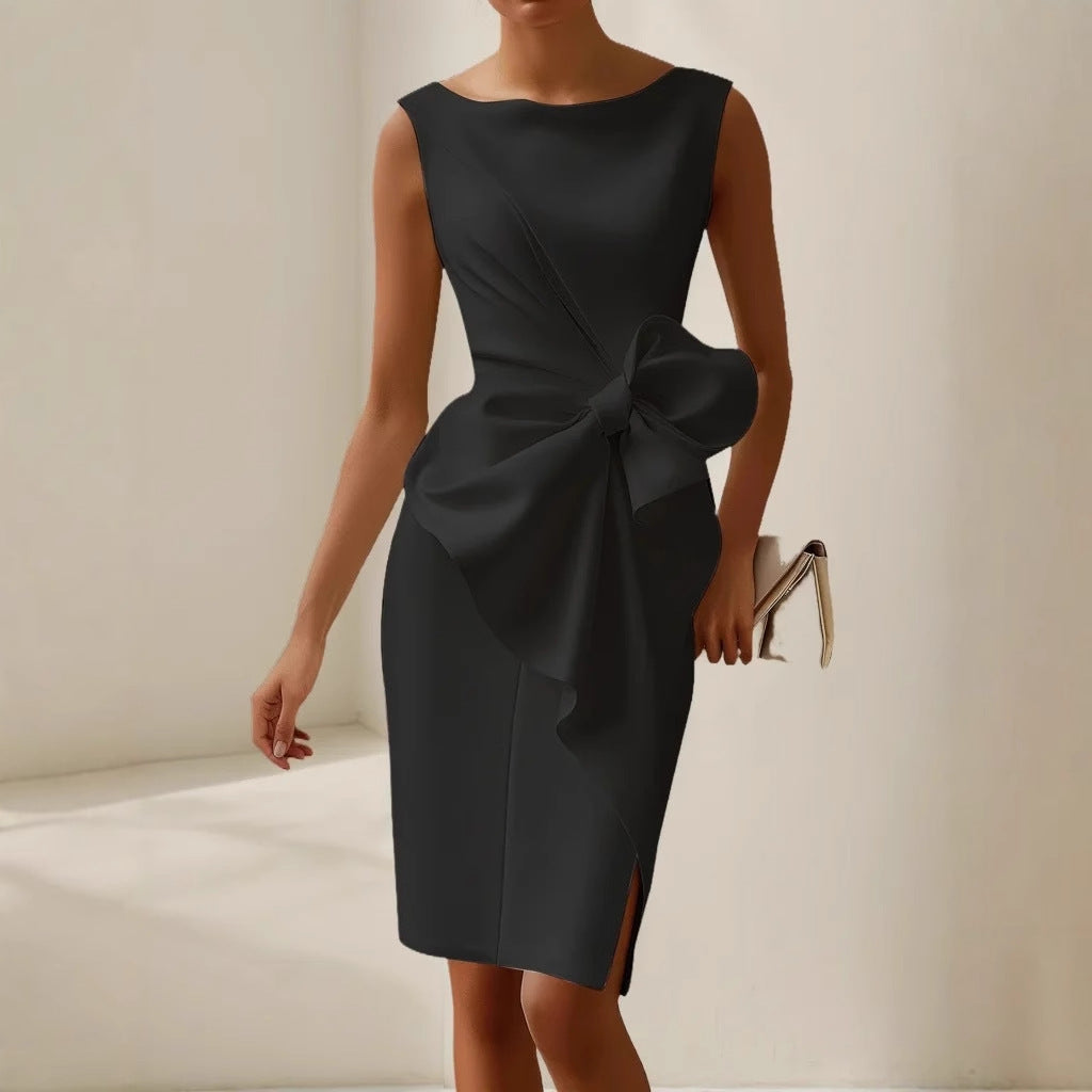 Women’s Sleeveless Midi Summer Dress – Boat Neck with Side Bow