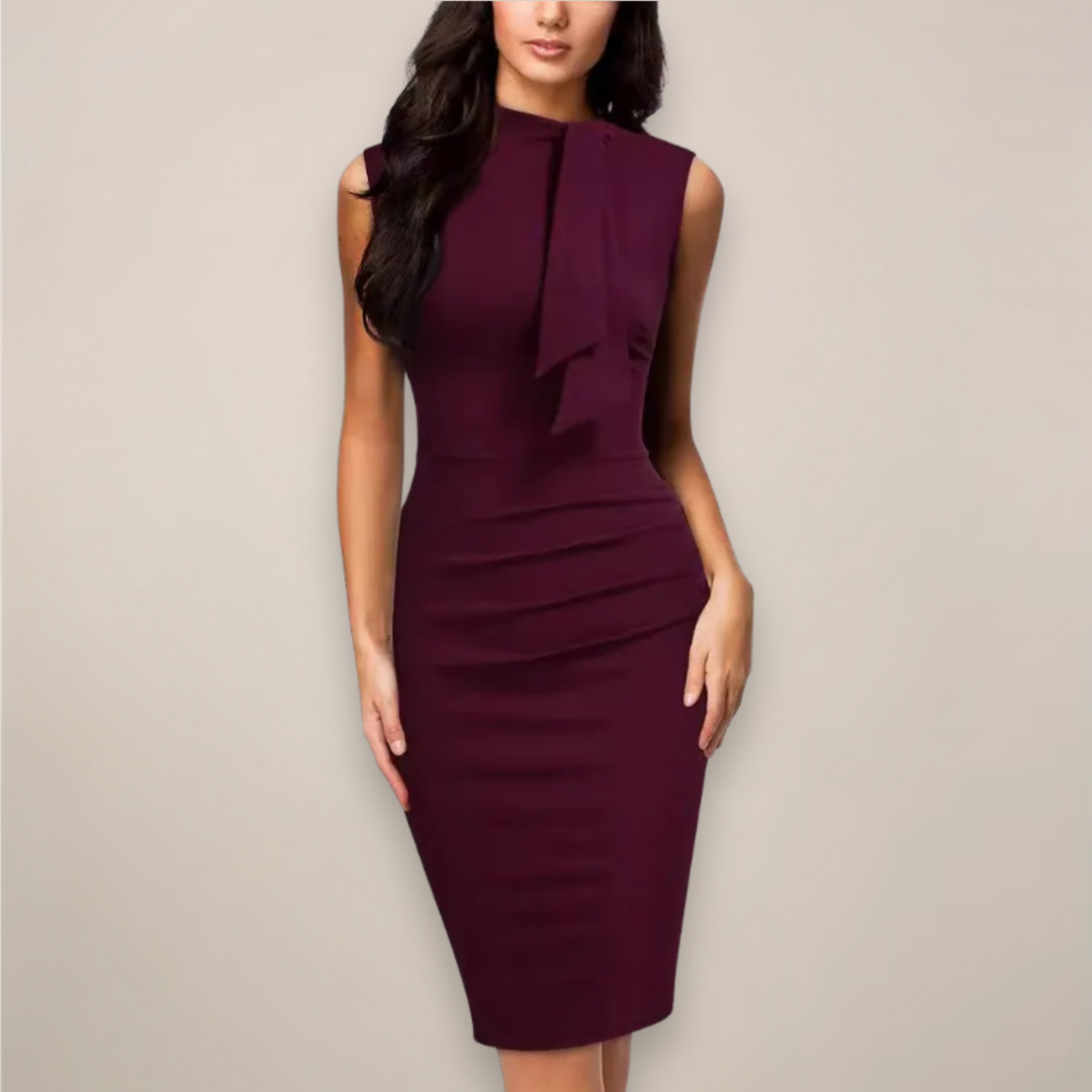 Women’s Sleeveless Sheath Midi Summer Dress – High Neck & Ruched Waist