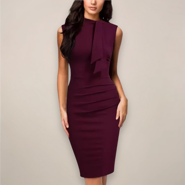 Women’s Sleeveless Sheath Midi Summer Dress – High Neck & Ruched Waist