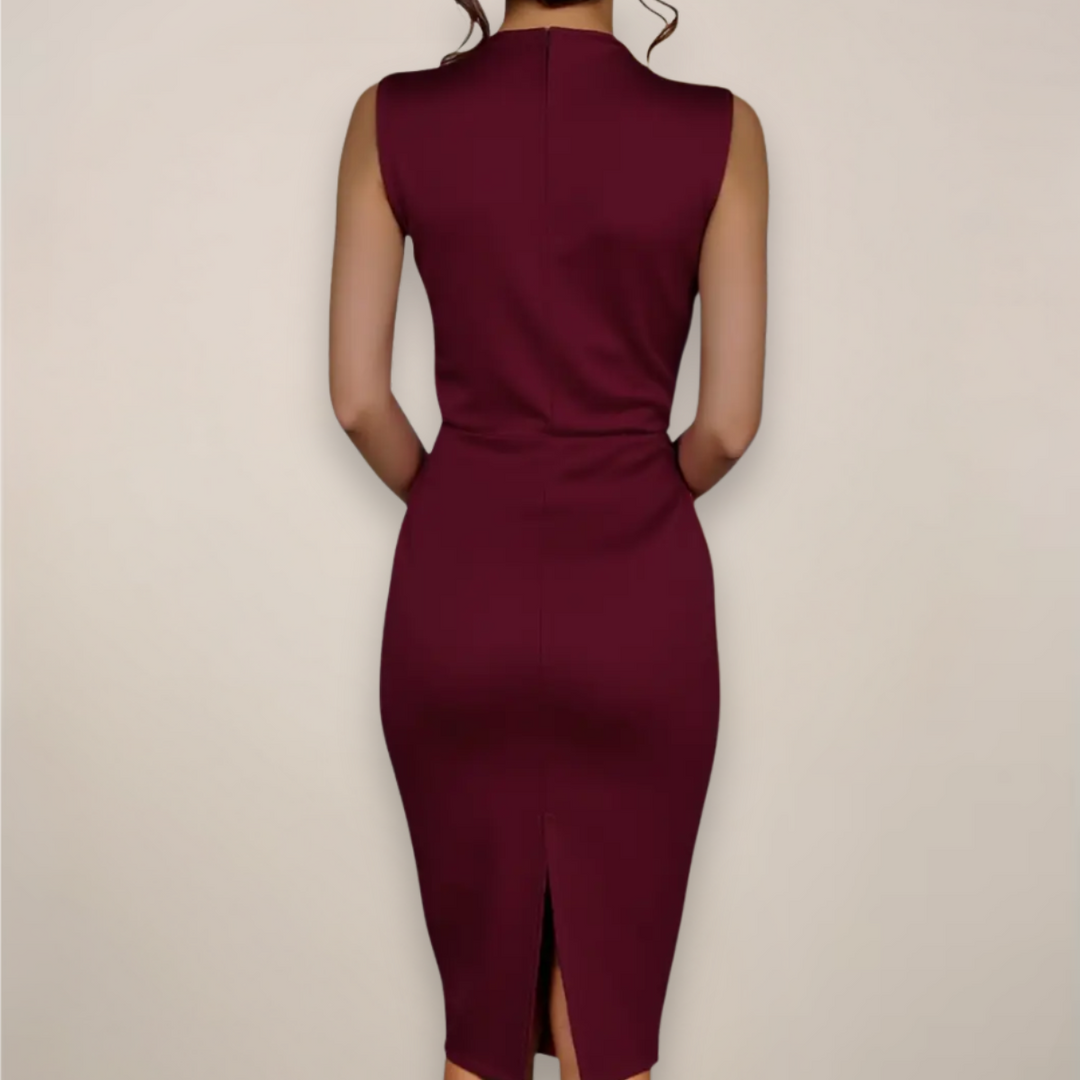 Women’s Sleeveless Sheath Midi Summer Dress – High Neck & Ruched Waist