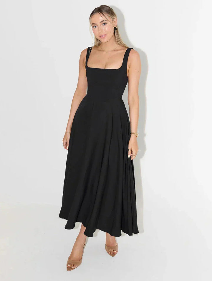 Women’s Square Neck Midi Summer Dress – Flared A-Line Fit