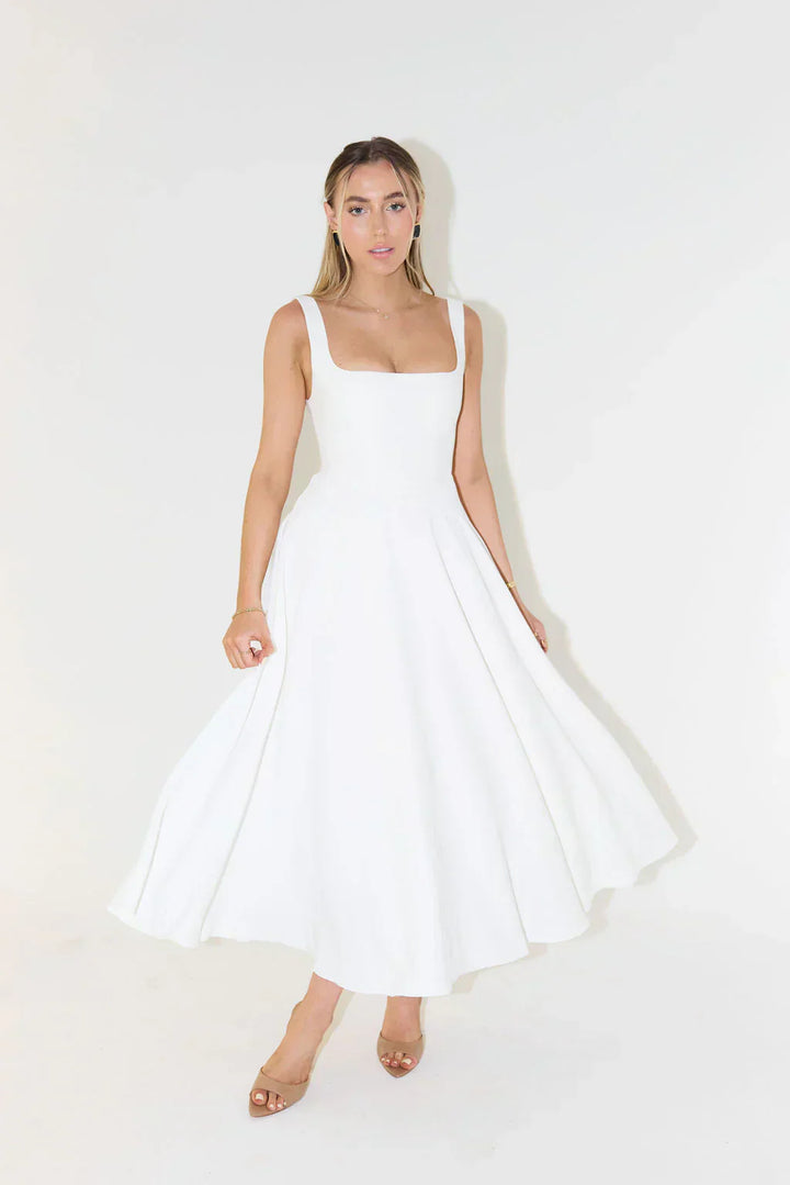 Women’s Square Neck Midi Summer Dress – Flared A-Line Fit