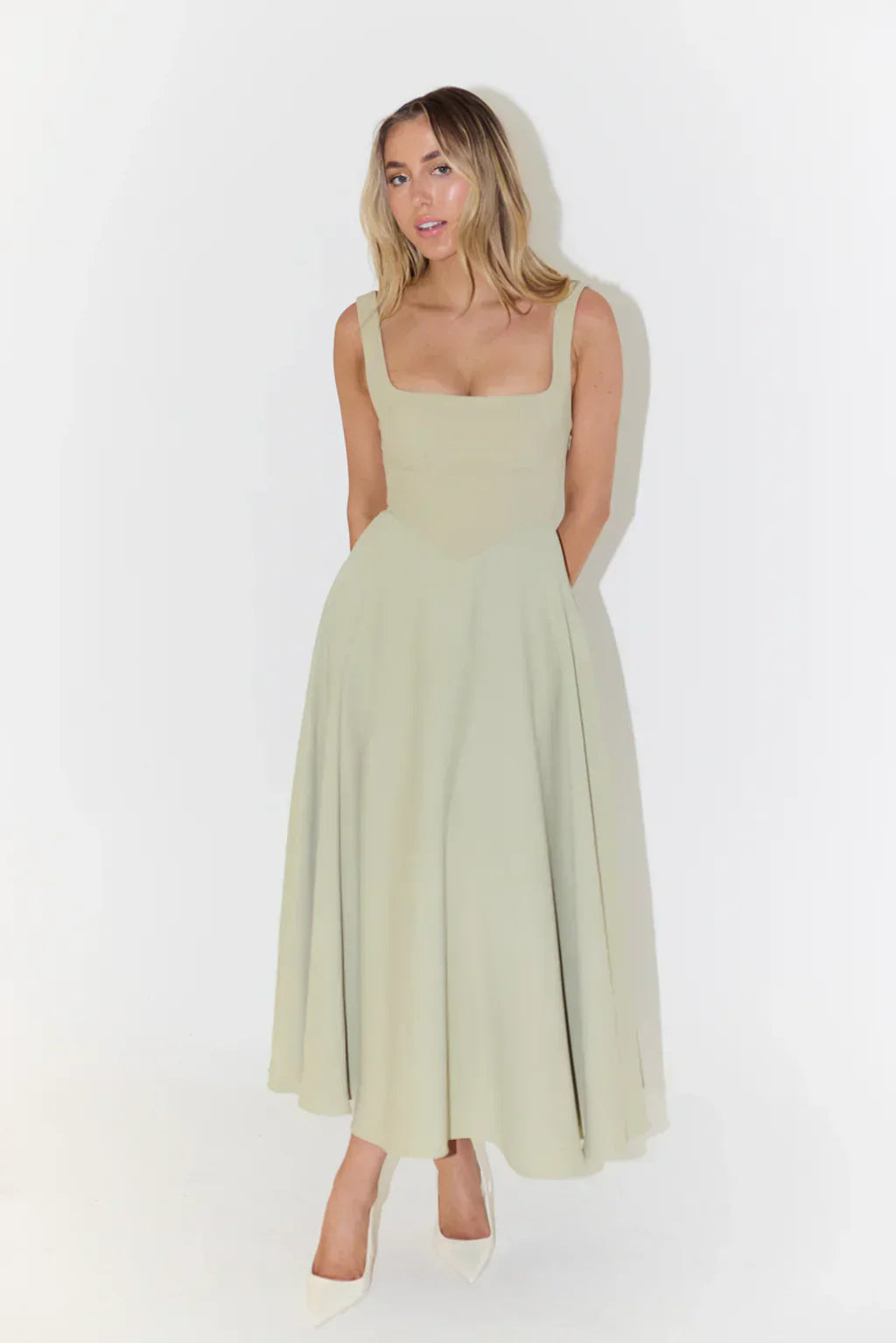Women’s Square Neck Midi Summer Dress – Flared A-Line Fit