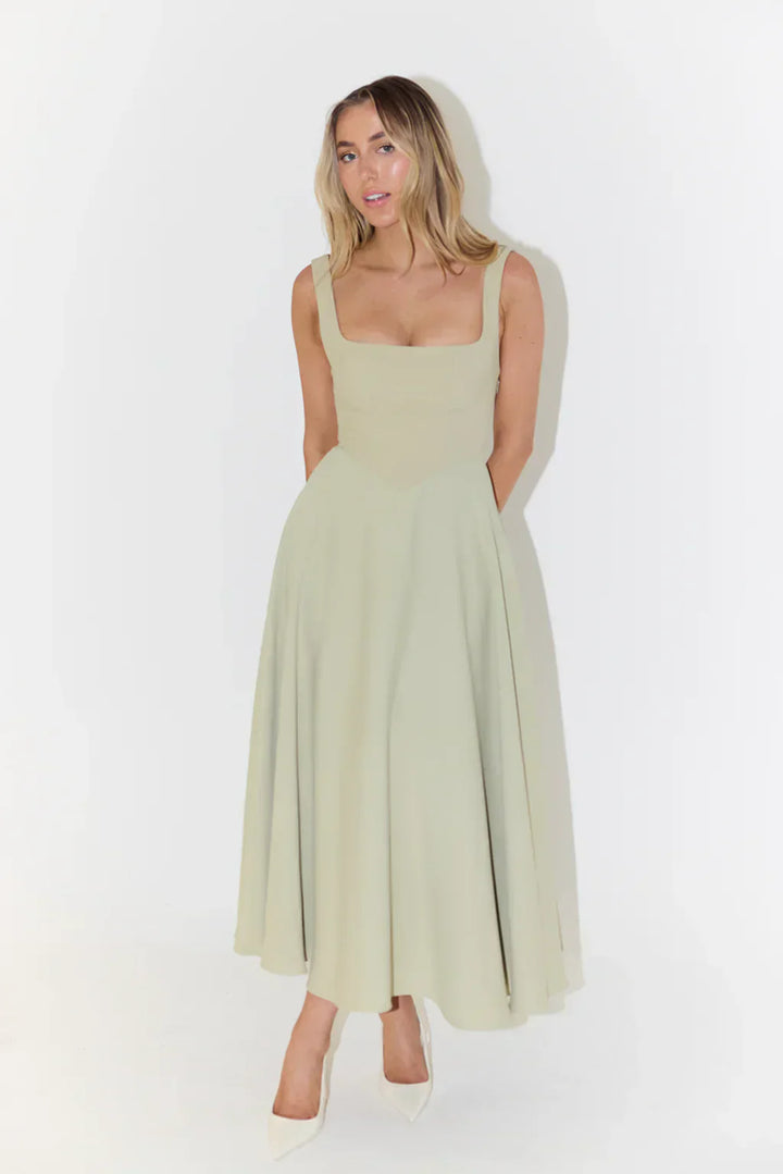 Women’s Square Neck Midi Summer Dress – Flared A-Line Fit