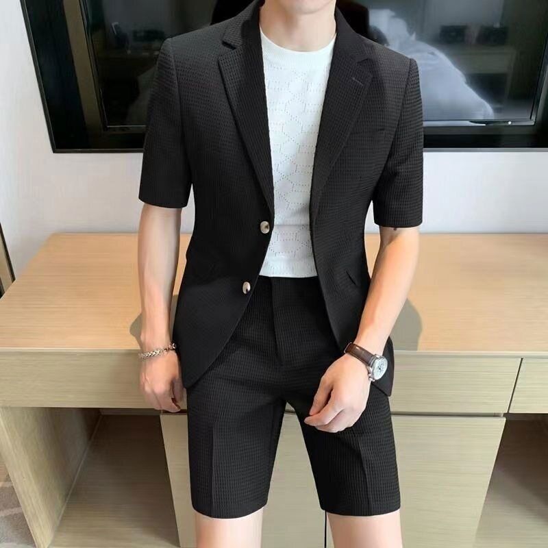 Men's Textured Two-Piece Set with Short-Sleeve Blazer and Shorts