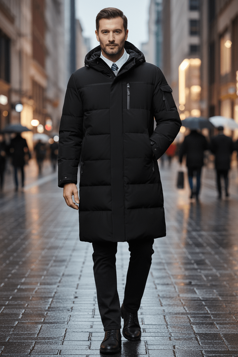 Men’s Insulated Water-Resistant Long Jacket with Hood