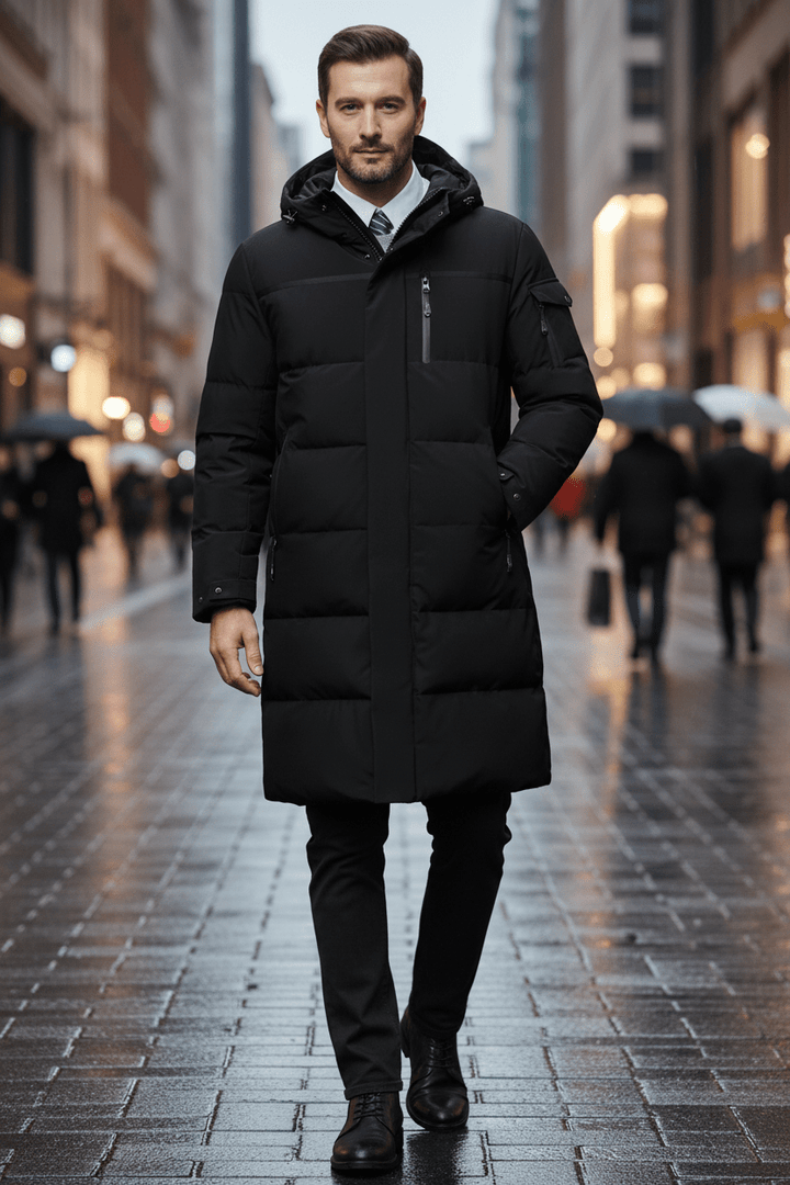 Men’s Insulated Water-Resistant Long Jacket with Hood