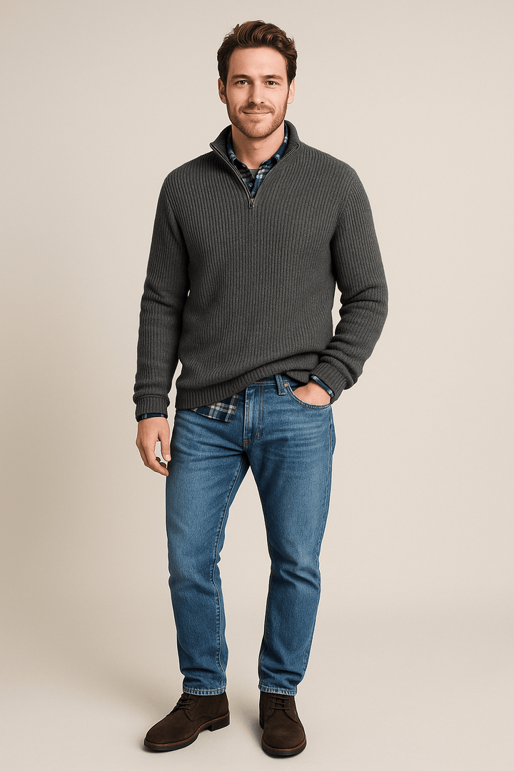 Men’s Half-Zip Sweater – Ribbed Knit Pullover with High Collar