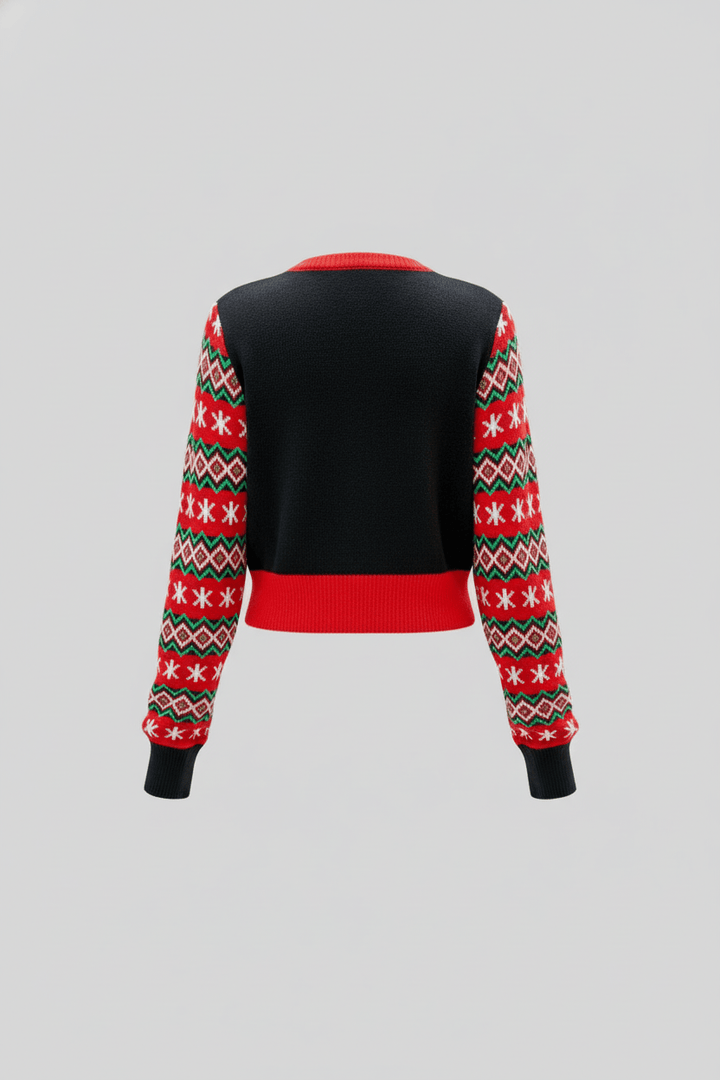 Women’s Cropped Knit Jumper with Graphic Front and Patterned Sleeves