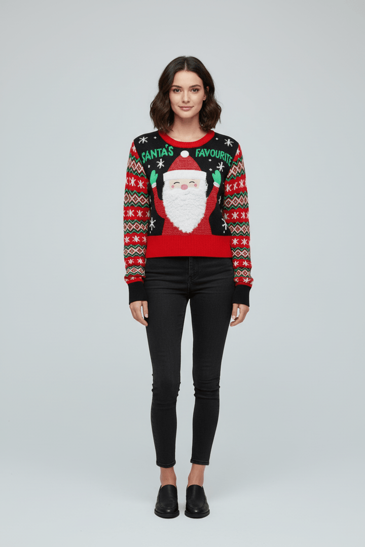Women’s Cropped Knit Jumper with Graphic Front and Patterned Sleeves