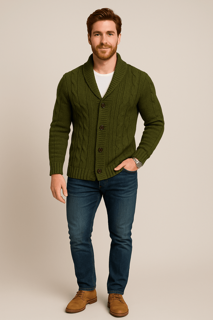 Men’s Cable Knit Cardigan – Button-Up Shawl Collar Sweater