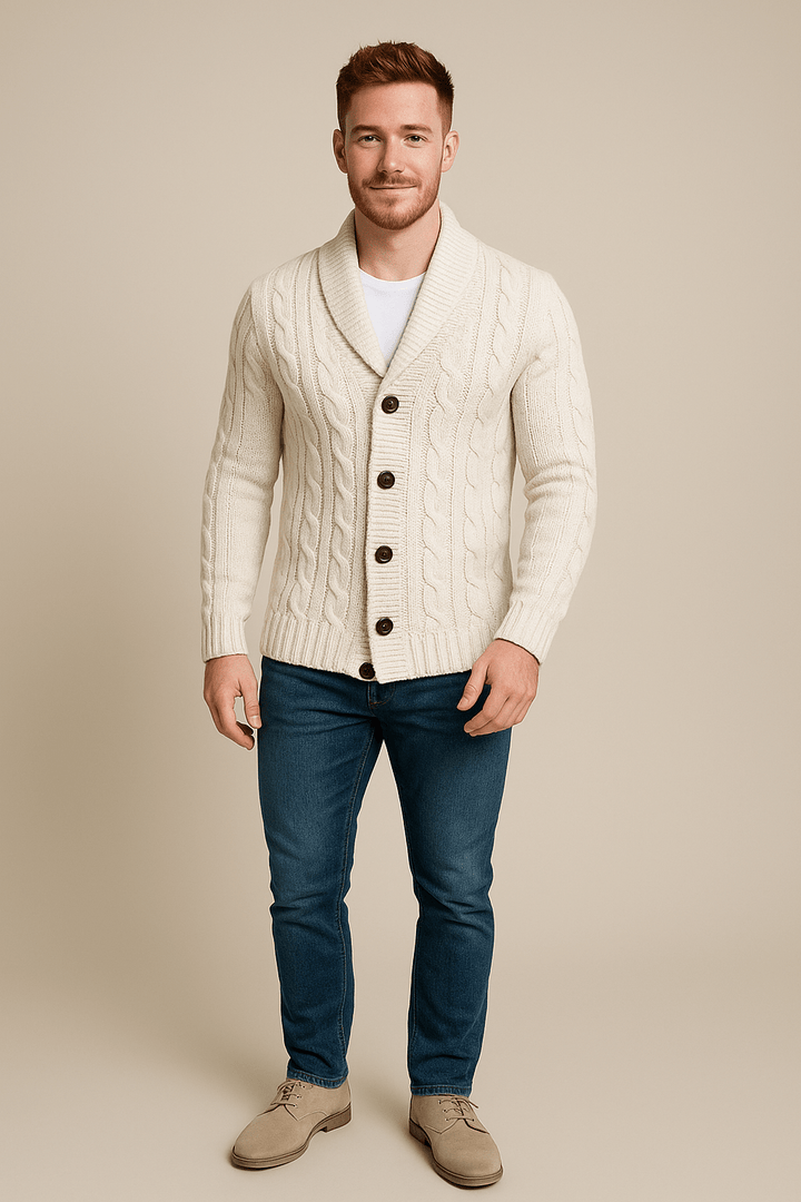 Men’s Cable Knit Cardigan – Button-Up Shawl Collar Sweater