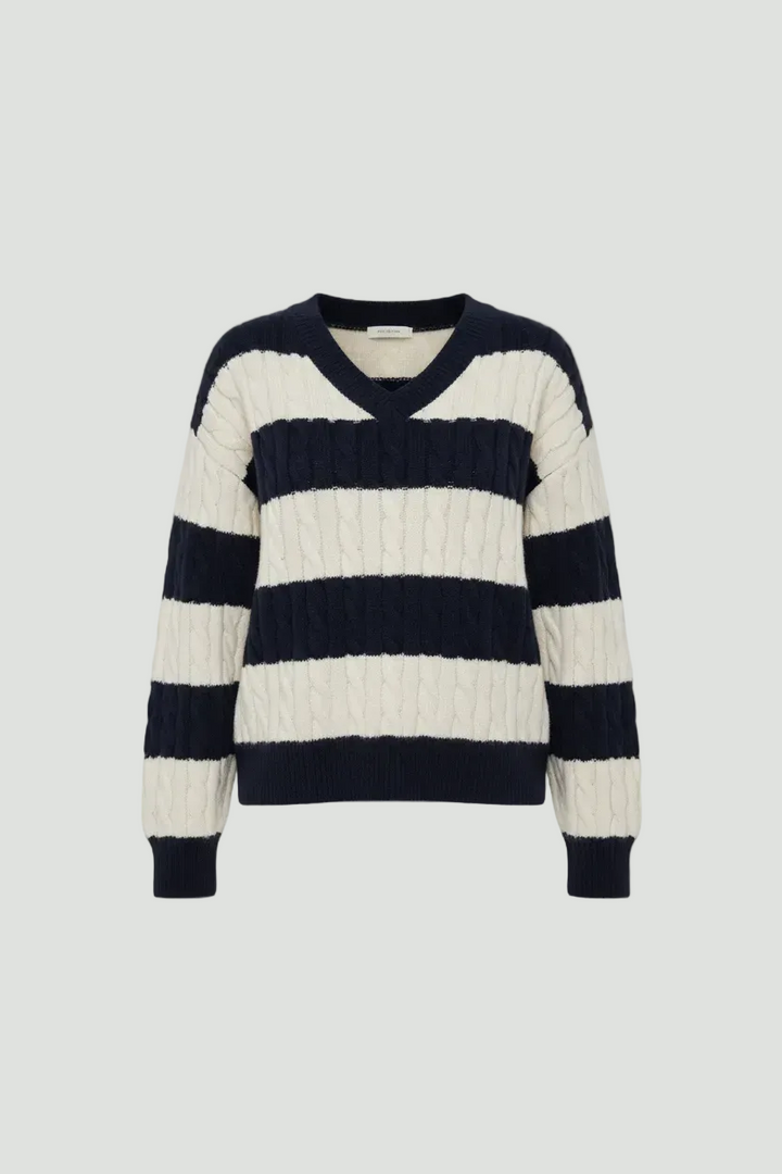 Women’s Oversized Cable Knit V-Neck Jumper with Striped Detailing