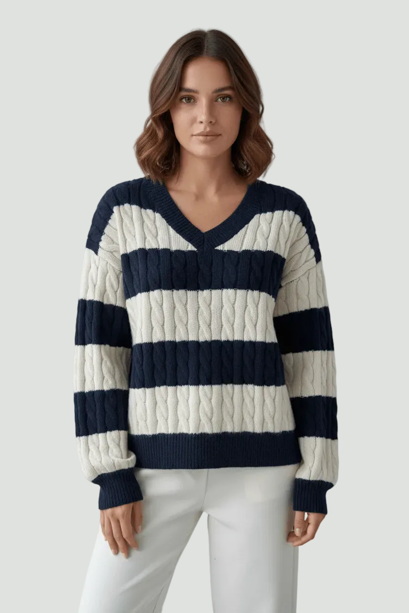 Women’s Oversized Cable Knit V-Neck Jumper with Striped Detailing