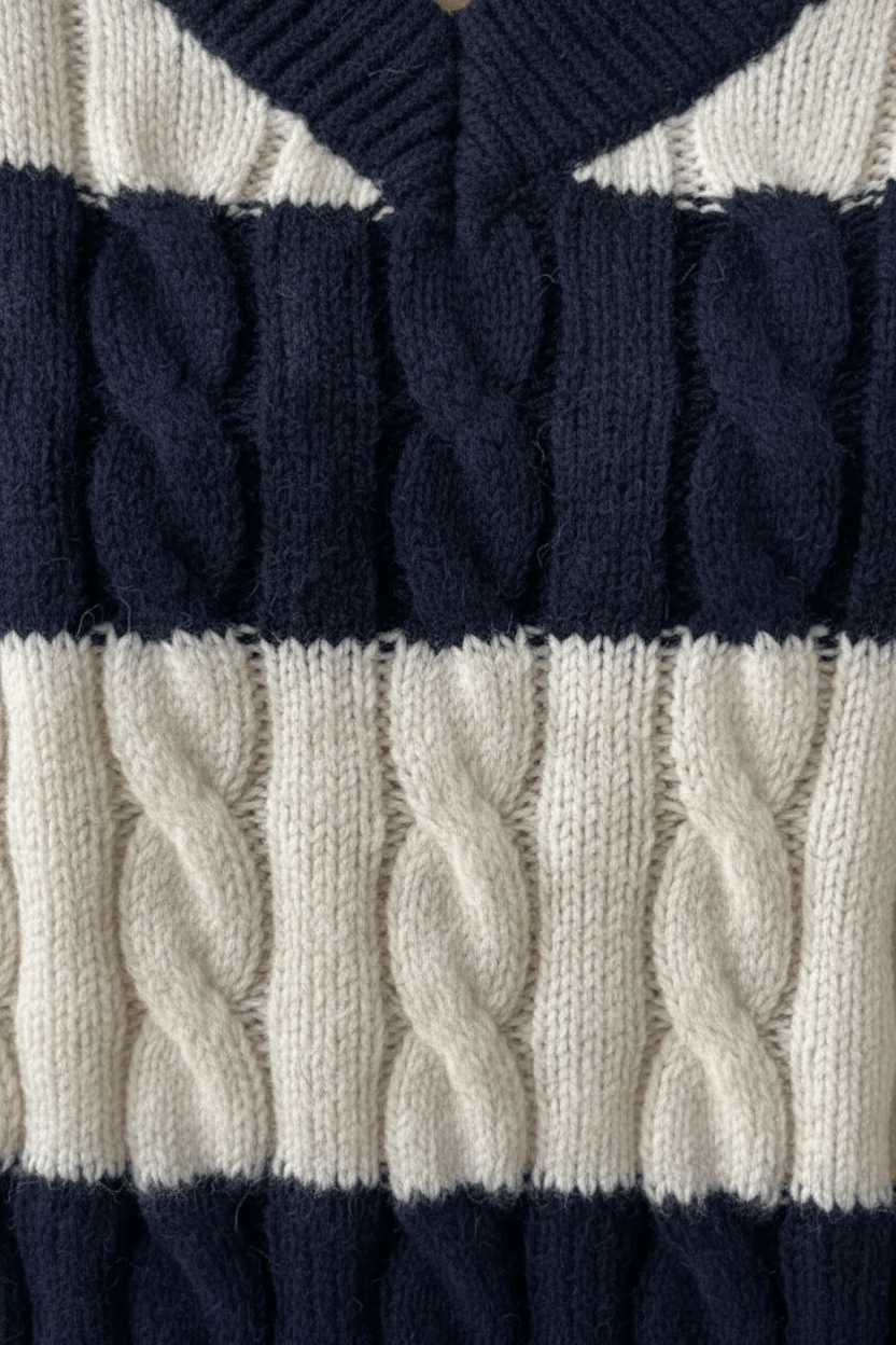 Women’s Oversized Cable Knit V-Neck Jumper with Striped Detailing