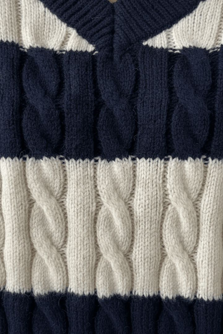 Women’s Oversized Cable Knit V-Neck Jumper with Striped Detailing