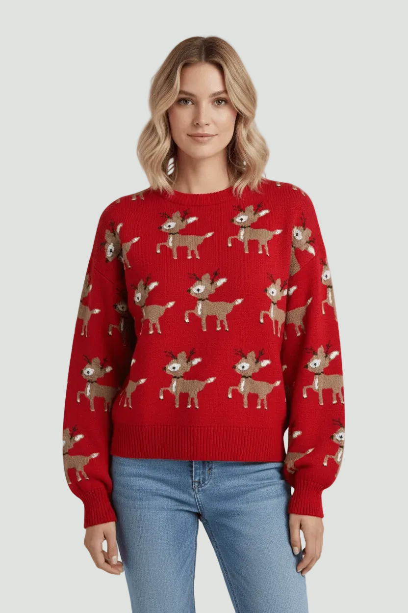 Women’s Oversized Jacquard Knit Jumper with Deer Pattern
