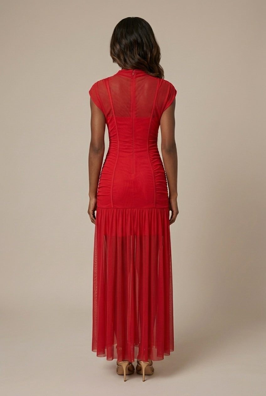 Women's Ruched Drop-Waist Mesh Maxi Dress with High Neck
