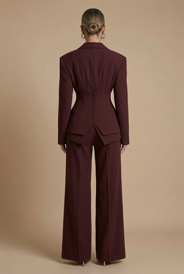 Women's Two-Piece Suit with Peaked Lapel Blazer and Wide-Leg Trousers