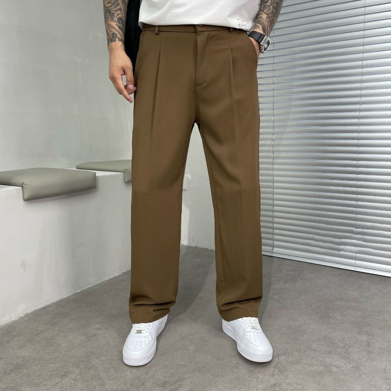 Men's Wide-Leg Dress Trousers with Double Pleat Front and Belt Loops