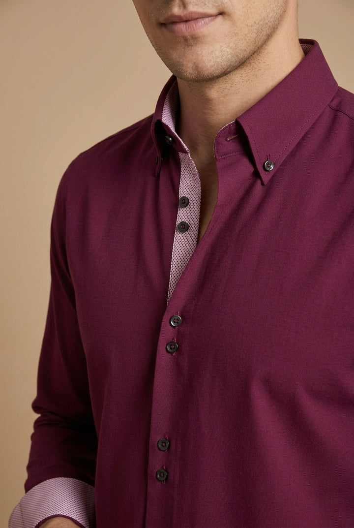Men's Long-Sleeve Dress Shirt with Double Collar and Contrast Cuffs