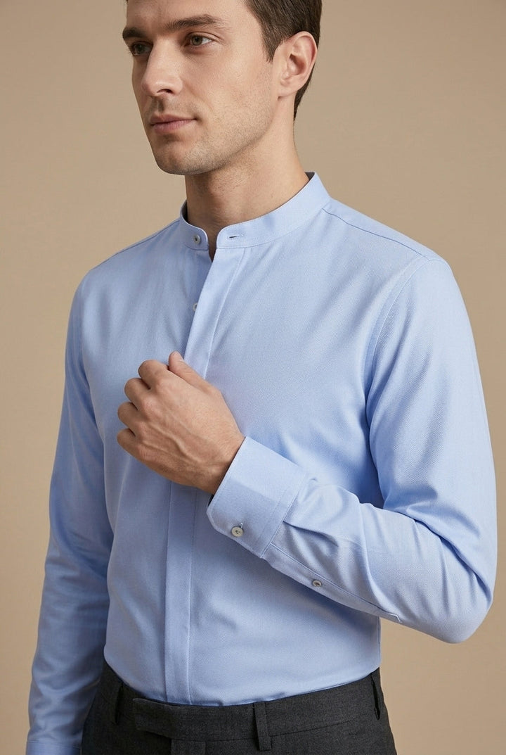 Men's Long-Sleeve Mandarin Collar Shirt with Hidden Placket
