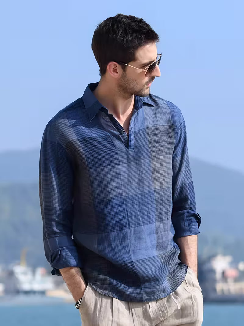 Men's Navy Check Long-Sleeve Popover Shirt with V-Neckline
