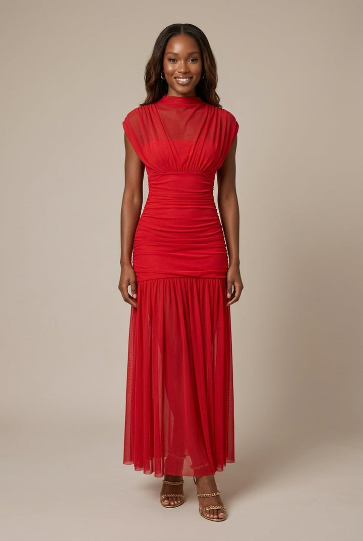 Women's Ruched Drop-Waist Mesh Maxi Dress with High Neck