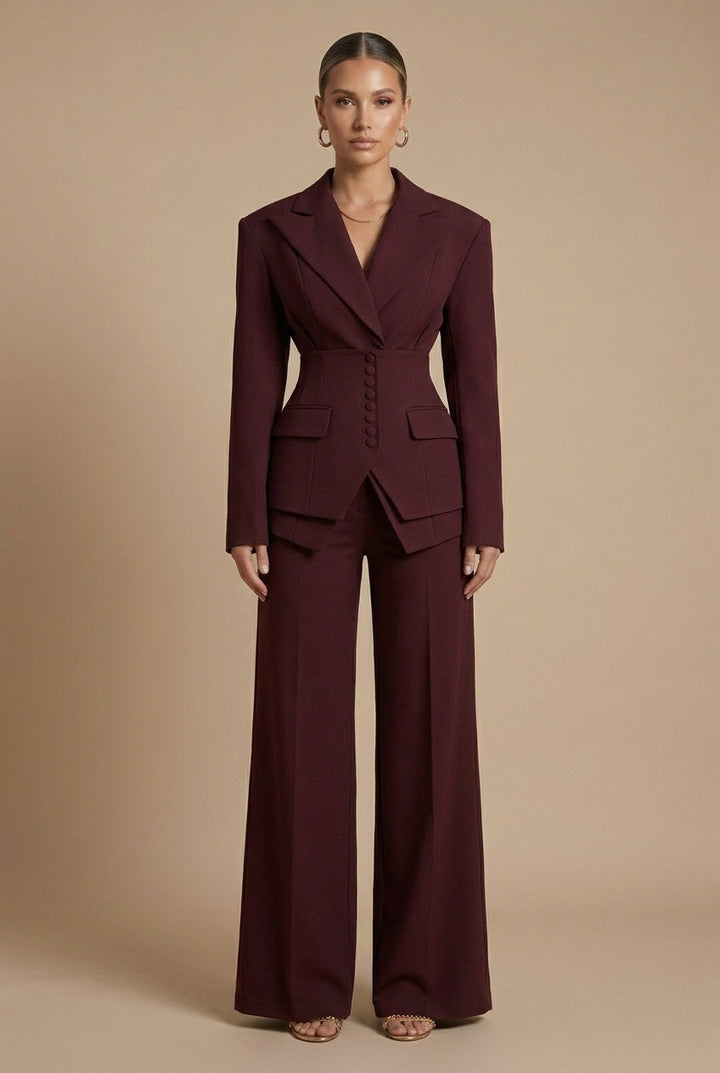Women's Two-Piece Suit with Peaked Lapel Blazer and Wide-Leg Trousers