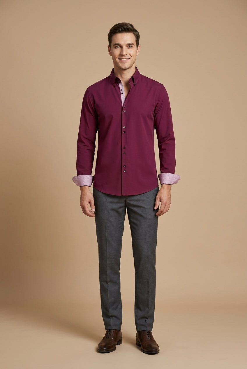 Men's Long-Sleeve Dress Shirt with Double Collar and Contrast Cuffs