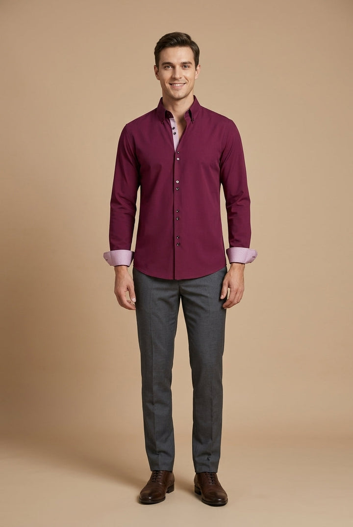 Men's Long-Sleeve Dress Shirt with Double Collar and Contrast Cuffs